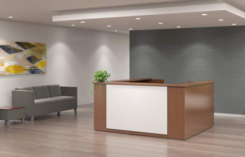 Brown U-shaped reception desk