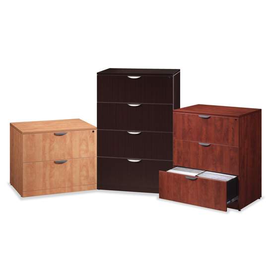 Filing cabinets in light, medium, and dark brown wood