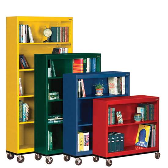 Colorful Bookcases in small, medium, medium-large, and large