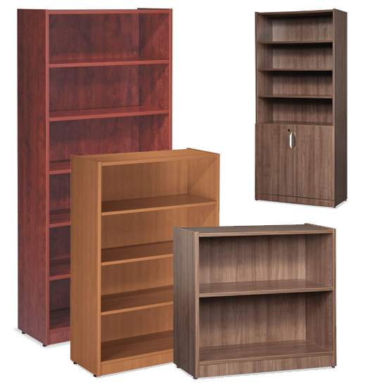 Light, dark, and cherry wood books shelves in small, medium, and large sizes