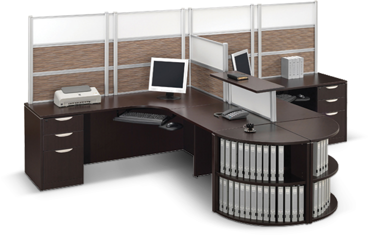 Business style desk with printer and monitor on top